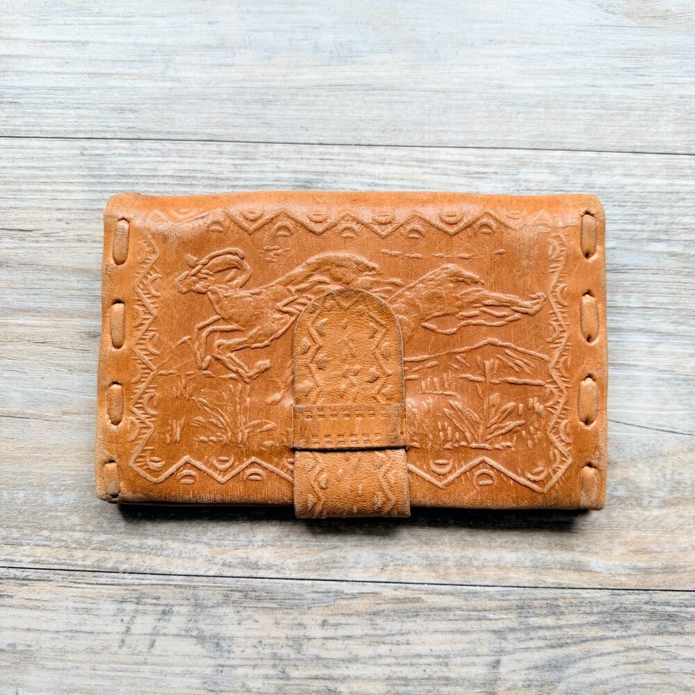 Vintage Tooled Leather Wallet Western Horse Cowboy Tan Bifold Snap Closure